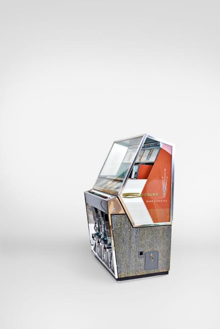 J.P. Seeburg & Company, Chicago, Illinois, model "201 SH" jukebox, playing from a selection of 200 (Two-Hundred) 45rpm records in a chrome and glass case with 1950