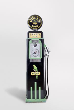 Tokheim Manufacturing Co., Fort Wayne, Indiana, "Polly" gas pump / fuel dispenser in green and black painted cast iron frame with chrome highlights, clock dial gauges on front and back with chrome nozzle and backlit globe top with Polly emblems on globe, reverse painted glasses under globe and under clock dials