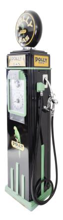 Tokheim Manufacturing Co., Fort Wayne, Indiana, "Polly" gas pump / fuel dispenser in green and black painted cast iron frame with chrome highlights, clock dial gauges on front and back with chrome nozzle and backlit globe top with Polly emblems on globe, reverse painted glasses under globe and under clock dials