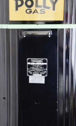 Tokheim Manufacturing Co., Fort Wayne, Indiana, "Polly" gas pump / fuel dispenser in green and black painted cast iron frame with chrome highlights, clock dial gauges on front and back with chrome nozzle and backlit globe top with Polly emblems on globe, reverse painted glasses under globe and under clock dials
