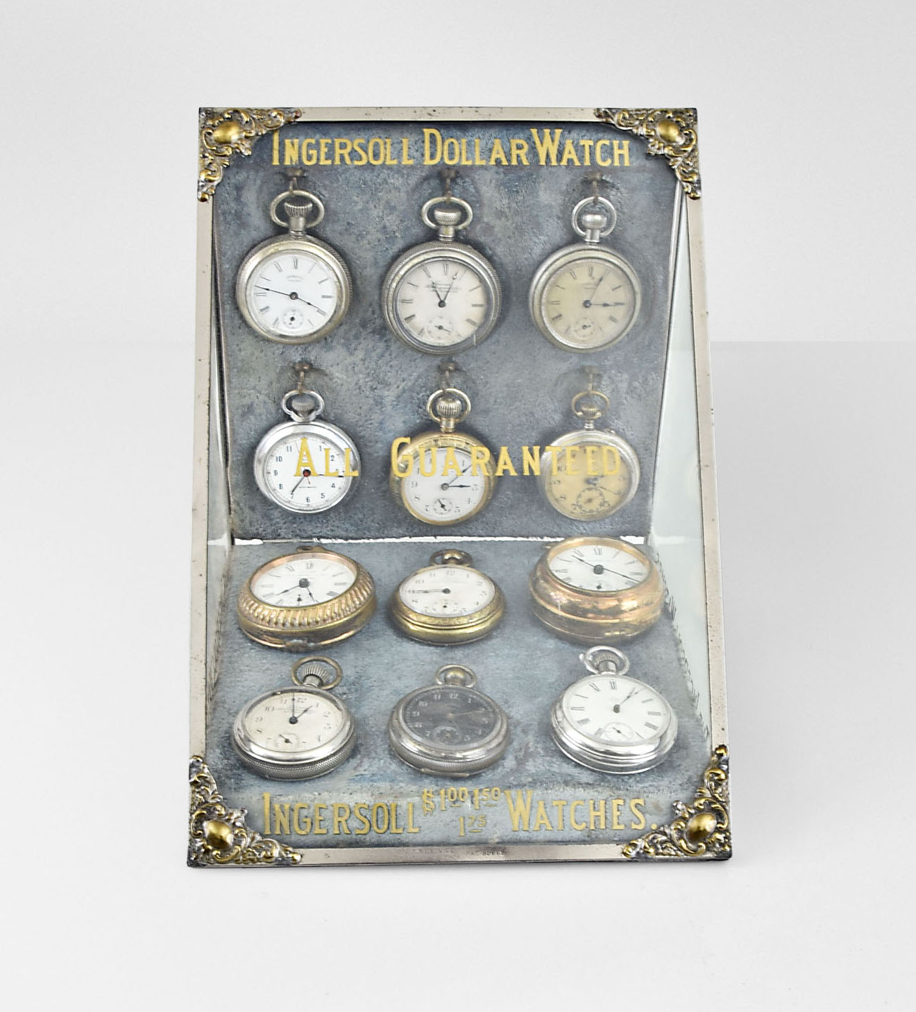 Ingersoll pocket watch display case with twelve dollar watches