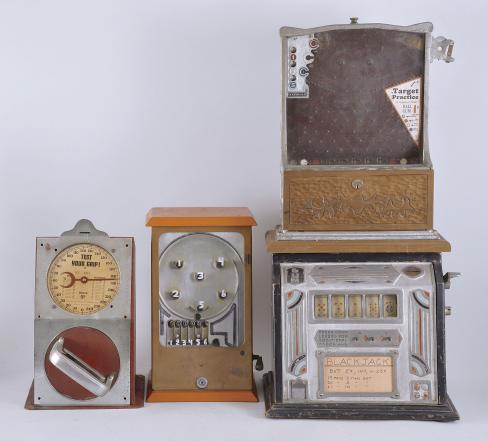 Games- 4 (Four): coin operated games including (1) Groetchen Tool & Mfg. Co., "21 Vender" counter top blackjack trade stimulator, c1935; (2) Peo Manufacturing Co., "Bat-A-Ball", one cent trade stimulator, c1931; (3) National Coin Machine Co., "Target Practice" countertop trade stimulator game accepting one cent pieces, c1926; (4) Holly Manufacturing Co., "Test your Grip!" one cent countertop trade simulator, c1940.