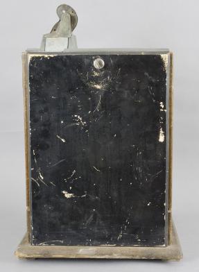 Mills Novelty Company, Chicago, Illinois, "Owl"/ "1776" model, quarter playing, one armed, three wheel slot machine in a oak, nickel, and brass case with painted highlights