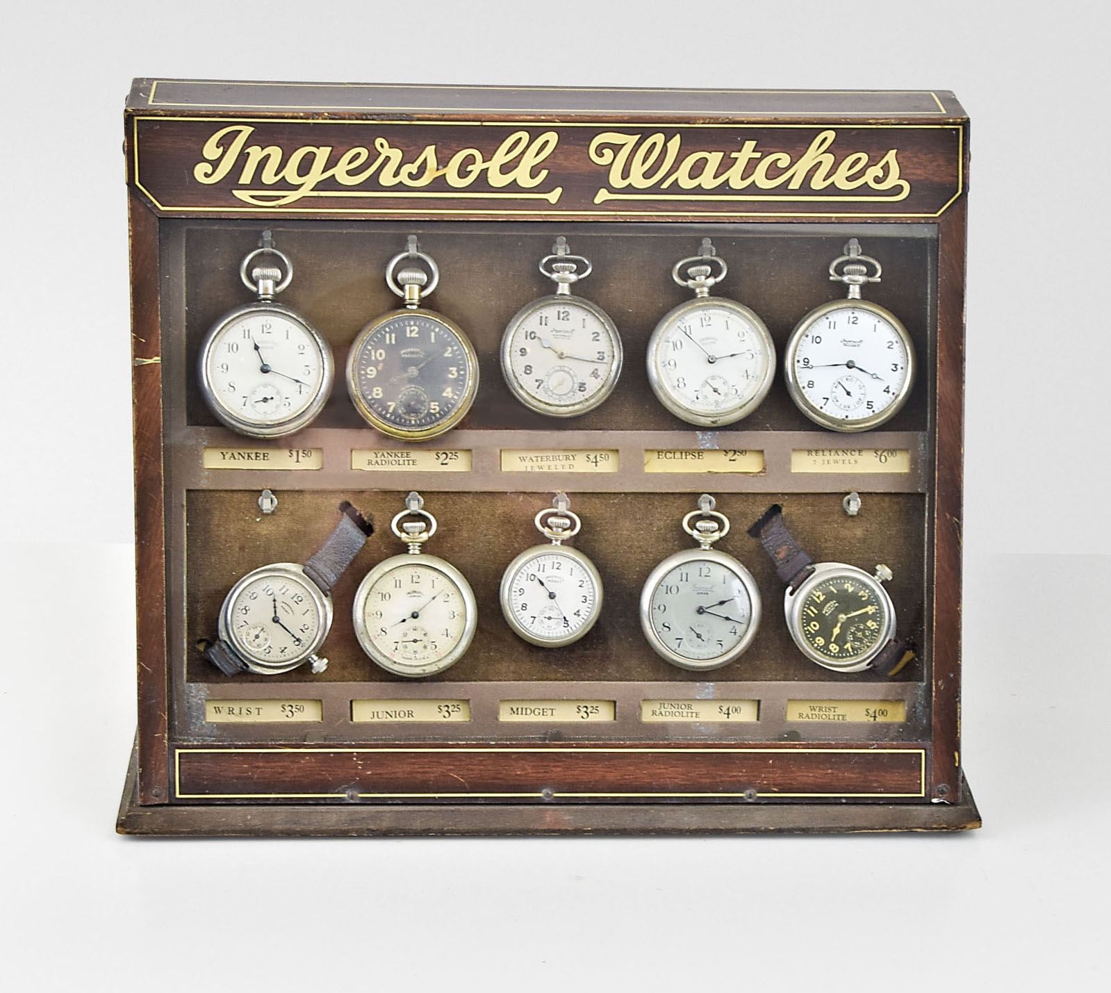 Ingersoll counter top pocket watch display case with watches