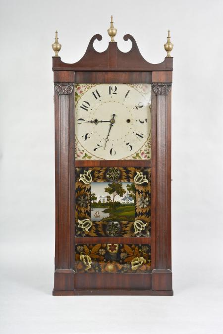 Jerome, Darrow & Co., Bristol, Conn., Reeded Pilaster and Scroll shelf clock with a weight driven 30 hour time and strike movement (groaner) in a mahogany case.