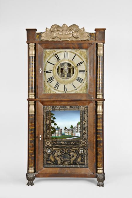 Eli Terry Jr., Terryville, Conn., 8 day, time and strike weight driven brass movement half column & splat double decker shelf clock.