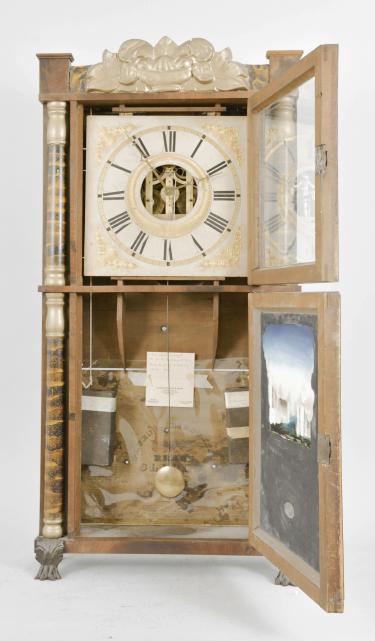 Eli Terry Jr., Terryville, Conn., 8 day, time and strike weight driven brass movement half column & splat double decker shelf clock.