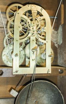 Eli Terry Jr., Terryville, Conn., 8 day, time and strike weight driven brass movement half column & splat double decker shelf clock.