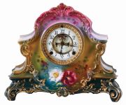 Ansonia Clock Co., New York, NY, "La Nord" Royal Bonn porcelain shelf clock with a visible escapement on an 8 days, spring driven, time and half hour strike movement, c1904.