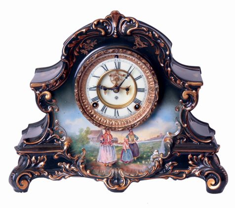 Ansonia Clock Co., Ansonia, Conn., "La Nord", 8 days, time and strike movement porcelain mantel clock, c1904