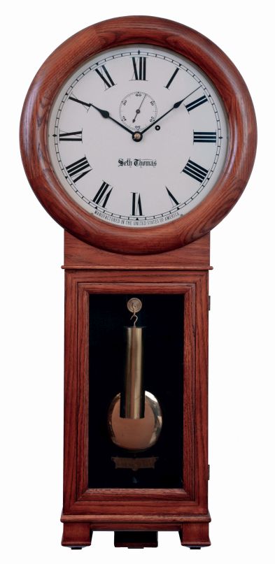 Seth Thomas Clock Co., Thomaston, Conn., "Regulator No. 2" Reissue in an oak case with 8 days, weight driven timepiece movement, c1976.
