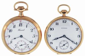 Pocket watches- 2 (Two): Both 12 size keystone Howards, the first with 23 jewel nickel plate movement in 14 karat yellow gold swing out case, Arabic numeral white enamel dial, serial #1172806. The other with 17 jewel nickel movement, 14 karat yellow gold hinged back and bezel case, Arabic numeral white enamel dial, serial #1109214, 122.3g TW