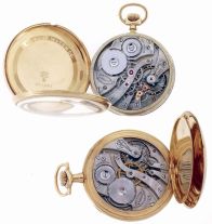 Pocket watches- 2 (Two): Both 12 size keystone Howards, the first with 23 jewel nickel plate movement in 14 karat yellow gold swing out case, Arabic numeral white enamel dial, serial #1172806. The other with 17 jewel nickel movement, 14 karat yellow gold hinged back and bezel case, Arabic numeral white enamel dial, serial #1109214, 122.3g TW