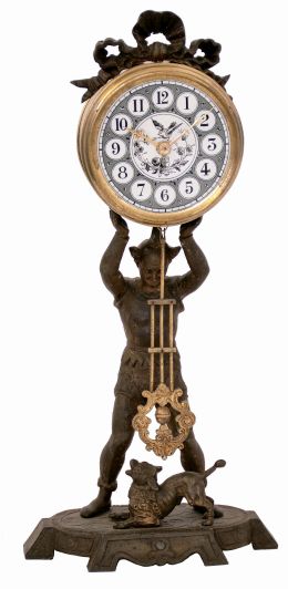 French cast metal figural clown and dog, 8 days, time only mantel clock, c1900