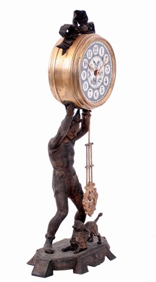 French cast metal figural clown and dog, 8 days, time only mantel clock, c1900