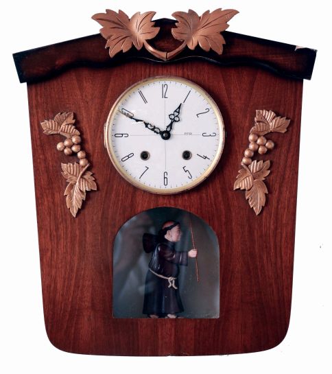 German, 8 days, time and strike, spring brass lever movement animated Monk wall clock. The Monk