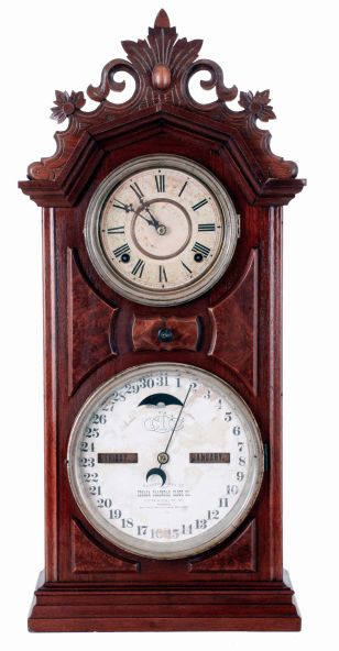 Ithaca Calendar Clock Co., Ithaca, NY, "No. 8, Shelf Library", 8 days, time and strike, spring driven brass movement calendar shelf clock, c1880