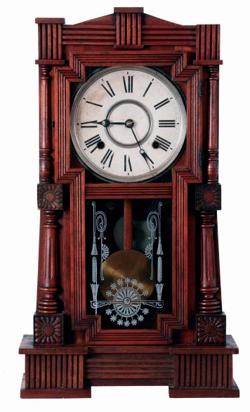 William L. Gilbert Clock Co., Winsted, Conn., "Mitra", 8 days, time and strike, spring driven brass movement shelf clock, c1891