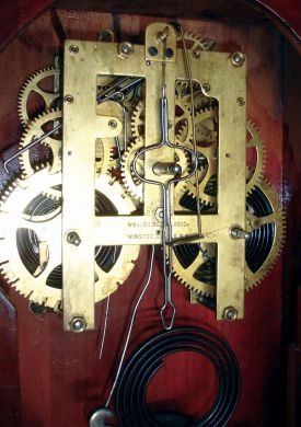William L. Gilbert Clock Co., Winsted, Conn., "Mitra", 8 days, time and strike, spring driven brass movement shelf clock, c1891