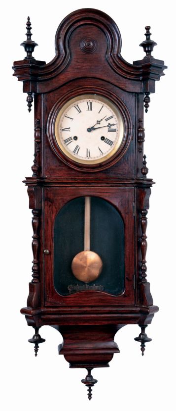 Welch, Spring & Co., Forestville, Conn., "Regulator No. 4" hanging clock in a walnut case with a spring driven, double wind 30 day timepiece movement, c1874.
