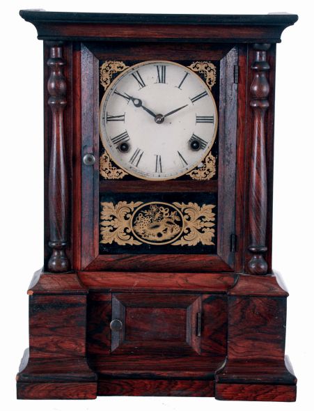 Atkins Clock Co., Bristol, Conn., 8 days, time and strike, spring brass movement "London" model shelf clock, c1865