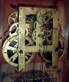 Atkins Clock Co., Bristol, Conn., 8 days, time and strike, spring brass movement "London" model shelf clock, c1865
