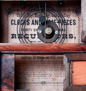 Atkins Clock Co., Bristol, Conn., 8 days, time and strike, spring brass movement "London" model shelf clock, c1865