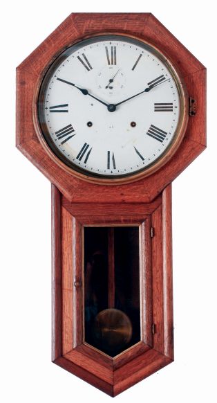 Seth Thomas Clock Co., Thomaston, Conn., "World" wall clock in oak case. 15 day, spring driven, double wind time only movement, c1909.