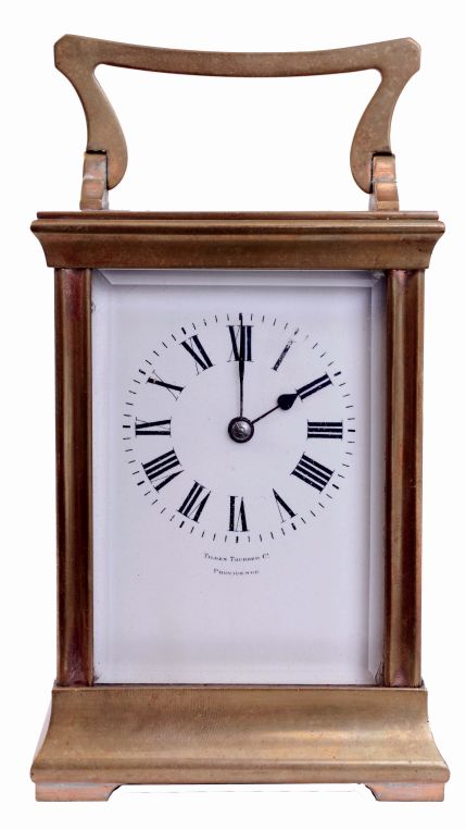 France, for Tilden, Thurber, Co., Providence, R.I., gilt brass, art nouveau influenced case with bevelled glass panels, Roman numeral white enamel dial, blued steel hands, 8 days, time and strike movement with lever platform, c1900