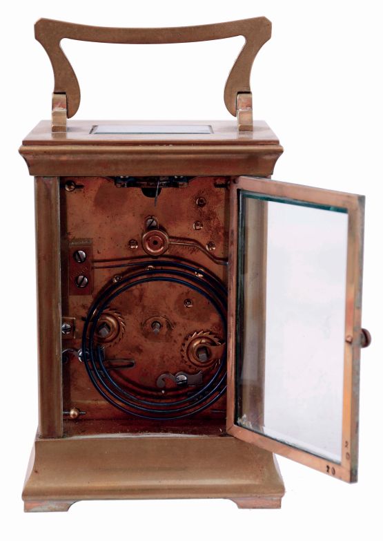 France, for Tilden, Thurber, Co., Providence, R.I., gilt brass, art nouveau influenced case with bevelled glass panels, Roman numeral white enamel dial, blued steel hands, 8 days, time and strike movement with lever platform, c1900