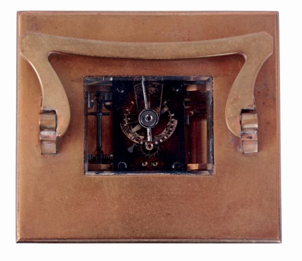 France, for Tilden, Thurber, Co., Providence, R.I., gilt brass, art nouveau influenced case with bevelled glass panels, Roman numeral white enamel dial, blued steel hands, 8 days, time and strike movement with lever platform, c1900