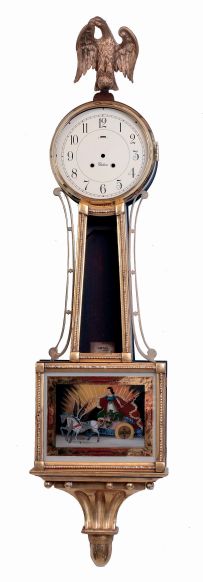Chelsea Clock Co., Boston, Mass., "Willard Banjo", Williamsburg Restorations reproduction mahogany and gilt case (only) made by Kittinger, c1982