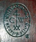 Chelsea Clock Co., Boston, Mass., "Willard Banjo", Williamsburg Restorations reproduction mahogany and gilt case (only) made by Kittinger, c1982