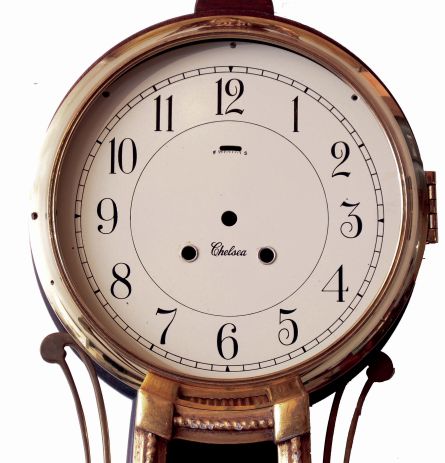 Chelsea Clock Co., Boston, Mass., "Willard Banjo", Williamsburg Restorations reproduction mahogany and gilt case (only) made by Kittinger, c1982