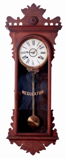 E.N. Welch Mfg. Co., Forestville, Conn., "Meyerbeer", wall clock, 8 days, time and strike, on cathedral gong, spring driven movement in a walnut case with papered metal dial and silk screened glass, c1892