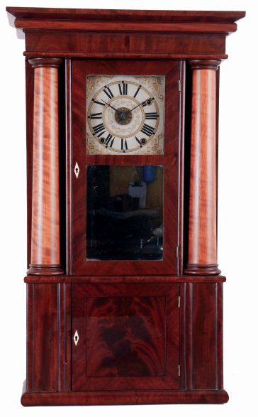 Rodney Brace, North Bridgewater, Mass., false hollow column shelf clock in a mahogany case with maple columns and a 30 hours, weight driven time, strike and alarm wooden movement, c1835.