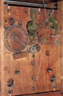 Rodney Brace, North Bridgewater, Mass., false hollow column shelf clock in a mahogany case with maple columns and a 30 hours, weight driven time, strike and alarm wooden movement, c1835.