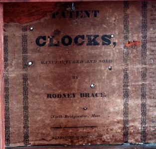Rodney Brace, North Bridgewater, Mass., false hollow column shelf clock in a mahogany case with maple columns and a 30 hours, weight driven time, strike and alarm wooden movement, c1835.