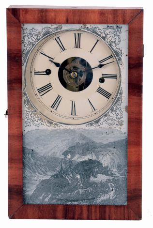 Ansonia Clock Co., Ansonia, Conn., Cigar Box shelf clock in mahogany veneer with correct Terry & Andrews, Bristol. Conn. 30 hours, spring driven, time and alarm movement, c1850.