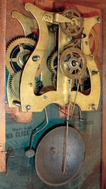 Ansonia Clock Co., Ansonia, Conn., Cigar Box shelf clock in mahogany veneer with correct Terry & Andrews, Bristol. Conn. 30 hours, spring driven, time and alarm movement, c1850.