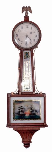 New Haven Clock Co., New Haven, Conn.; "Willard", 8 days, weight driven brass movement banjo timepiece with bracket, c1925