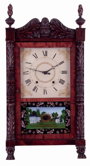 Ephraim Downs, Bristol, Conn., mahogany carved column and splat shelf clock with 30 hours, time and strike, weight driven wood movement, c1828.