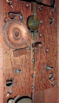 Ephraim Downs, Bristol, Conn., mahogany carved column and splat shelf clock with 30 hours, time and strike, weight driven wood movement, c1828.