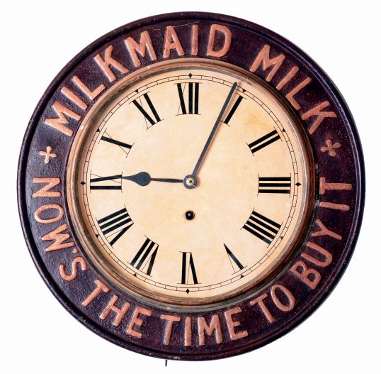 England, British United Clock Co., Birmingham, 8 days, spring brass movement wall timepiece advertising Milkmaid Milk.