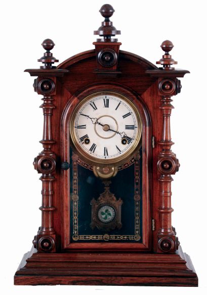 Welch, Spring & Co., Forestville, Conn., "Patti, VP" mantel clock case, c1880, with later spring driven, 8 days, time and strike movement,