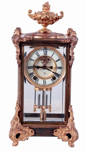 Ansonia Clock Co., New York, NY, "Marquis" crystal regulator with a visible escapement and an 8 days, hour and half hour strike, spring driven, movement, c1904.