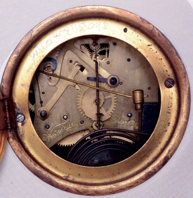 Waterbury Clock Co., Waterbury, Conn., "Parlor No. 44" porcelain shelf clock with a visible escapement spring driven, 8 days, time and hour/half-hour strike movement, c1897.