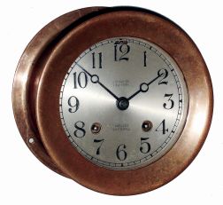 Chelsea Clock Co., Boston, Mass., for Gorham Co., New York, 4" dial brass case screw bezel, 8 days, ship