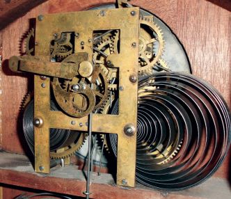 Ithaca Clock Co., Ithaca, NY, "No. 7 Shelf Cottage" walnut, 8 days, time and strike, double dial calendar clock, c1870