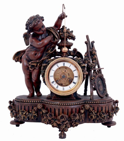 France, conical "mysterious" clock, the patinated spelter case with fluted base and rounded ends, the front festooned with roses and supporting the central clock case, with flanking draped putto, his outstretched arm supporting the gilt conical pendulum, opposite a portrait, easel, and laurel wreath, skeletonized Roman numeral, signed white enamel dial, blued steel Breguet style hands, brass, 8 days, time and strike movement, c1880